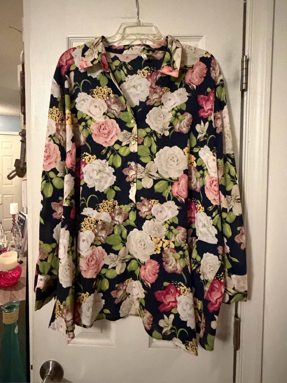 Cato Navy Floral Button-Down Shirt with Pink and Cream Roses